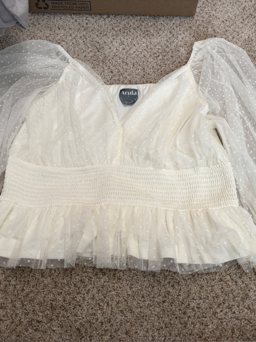 Ivory Dotted Swiss Puff Sleeve Peplum Top